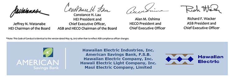 Officers Signing the November 20, 2017 HEI and HECO Corporate Code of Conduct