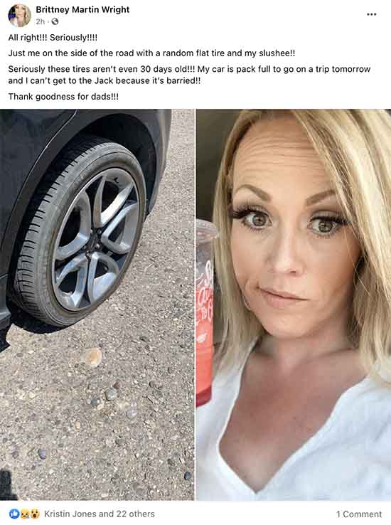 Brittney Martin Wright is thankful for dads because she has a flat tire