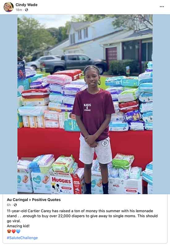 Cartier Carey has lemonade stand to raise money to give diapers to single moms