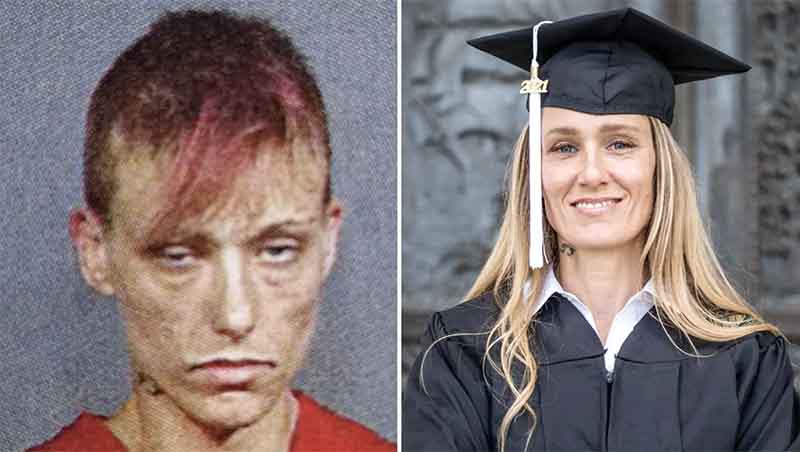 Ahead of her graduation ceremony, Burton shared these photos -- a 2005 mugshot during "one of the most intense times" of her addiction and her graduation photos -- on Facebook. The post quickly went viral. (Courtesy of Ginny Burton/Jo Arlow)