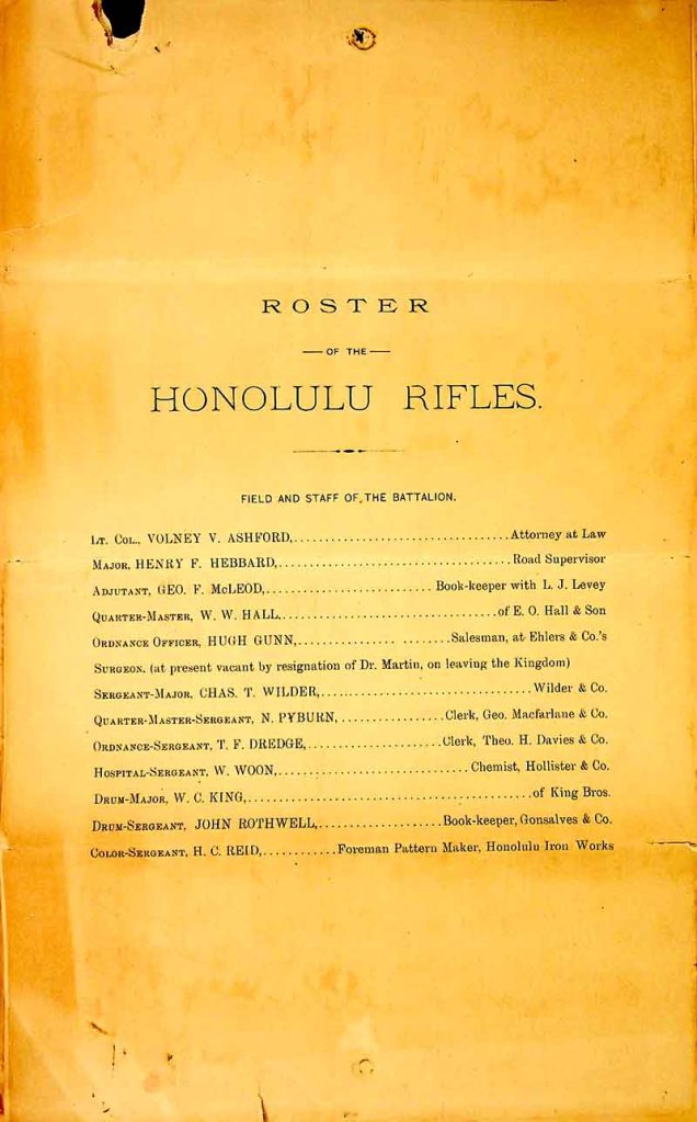 Roster of the Honolulu Rifles. Officers of Honolulu Rifles led a coup in 1887. Nobody fought for the king.