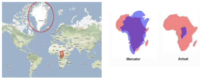 Two Dimensional Mercator Maps Distort Actual Size of Greenland