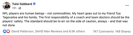 Tulsi says NFL players are human beings; needs to protect ordinary workers as well. 