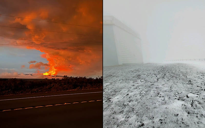 Bricille Wallace: MAUNA KEA IS SNOWING WHILE MAUNA LOA IS ERUPTING! Fire & Ice, right next to each other!!!!! Natural Phenomenon? I dont think so!!! Hau’oli Lā Kū’oko’a