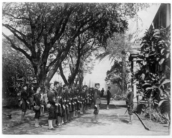 Troops from USS Boston on the grounds of the Arlington Hotel to protect American Citizens. The troops did not engage in the overthrow, fire any shots or incite violence.