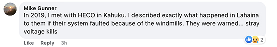 Mike Gunner described exactly what happened in Lahaina to Hawaiian Electric in 2019 if their system faulted because of the windmills. They were warned ... stray voltage kills.