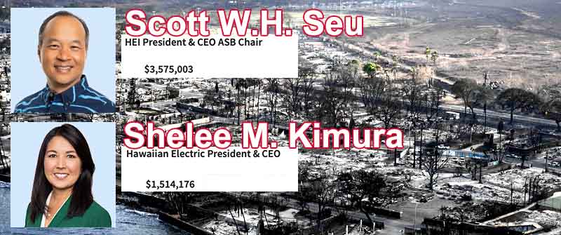 Salaries for Scott W.H. Seu, Hawaiian Electric Industries, CEO & president, $3,575,003; Shelee M. Kimura, Hawaiian Electric Company, CEO & president, $1,514,176.