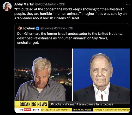 Dan Gillerman, former Israel ambassador to the UN, I’m puzzled at the concern the world keeps showing for the Palestinian people, they are horrible inhuman animals.