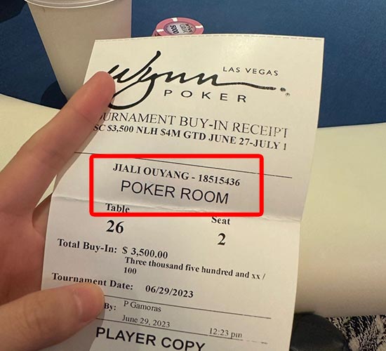 Jiali Ouyang Buy-In Receipt for poker at Wynn in Las Vegas