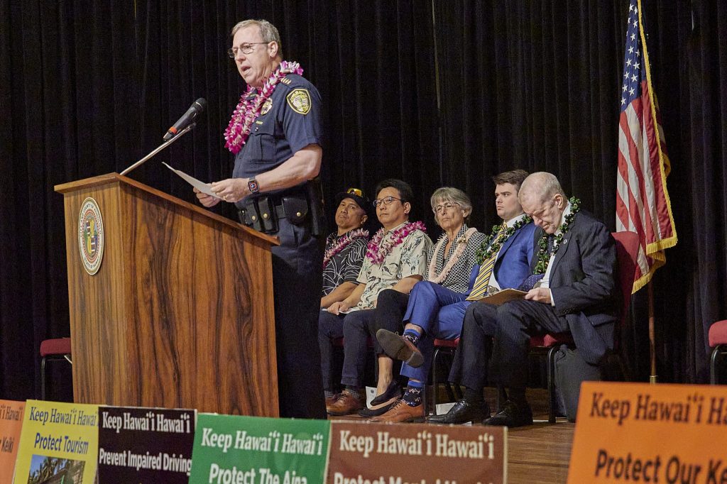 Honolulu Police Chief Joe Logan speaks out against a bill drafted by the Attorney General’s Office that would legalize recreational use of marijuana in the state. (David Croxford/Civil Beat/2024)
