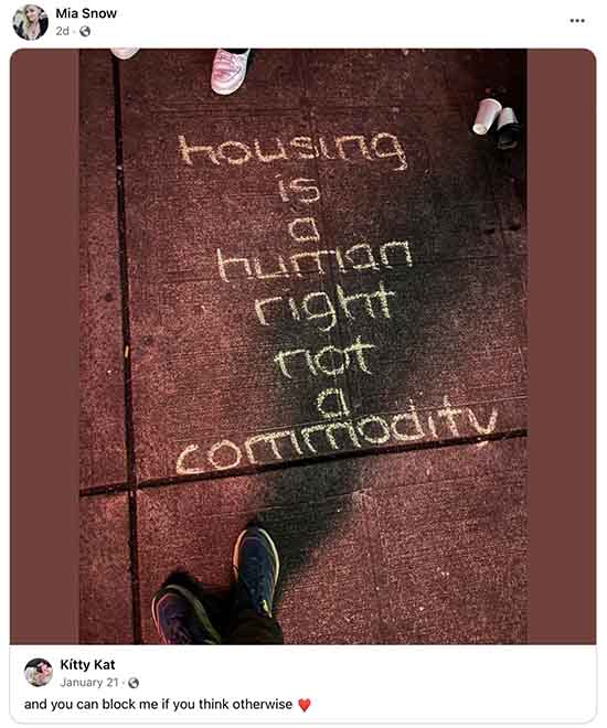 Facebook Screenshot of Mia Snow's post about housing being a right