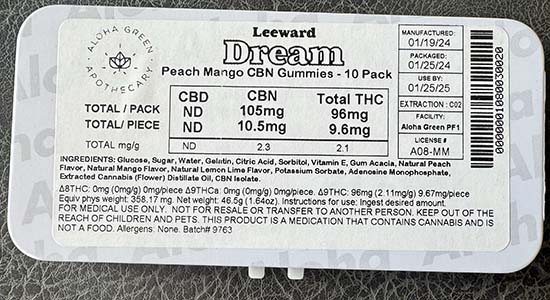 Example of regulated, dispensary packing for Leeward Dream Peach Mango CBN Gummies