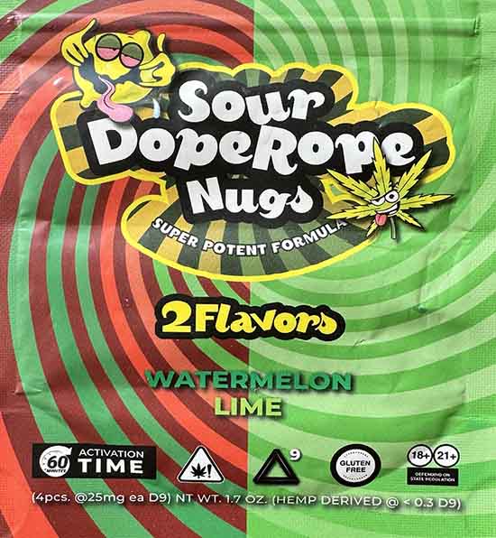 Sour Dope Rope Nugs: 25mg of Delta 9 (THC) marihuana available in Hawaii to kids