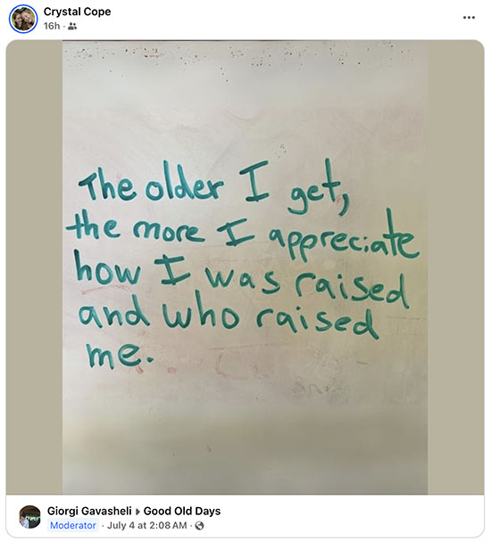 Who raised Crystal Cope to FREELOAD off others?
