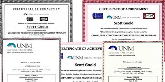 PhD political science, economics and health policies. Certification from University of New Mexico School of Medicine in Community Addictions Recovery Specialist program