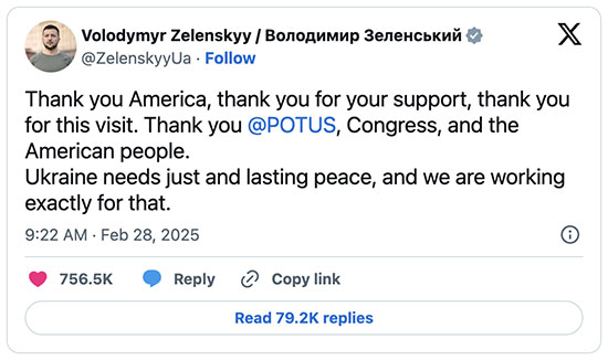 No Security. No Peace

President Zelenskyy of Ukraine has THANKED Americans for years for our support. We promised to PROTECT Ukraine if they gave up their nuclear weapons to PROTECT us. Donald J Trump has BETRAYED the Ukrainian people and violated our promise. MAGA are dishonorable people.