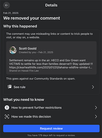 Facebook claims it's SPAM to post about the tragic Lahaina Fires of August 8, 2023.