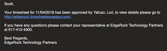 Email Record of one of my first APPROVED Timesheets